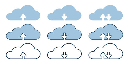 Collection cloud with arrow line icon. Upload and download cloud arrow vector symbols. Clouds with arrows up and down isolated blue signsのイラスト素材