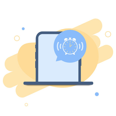 Phone with app alarm clock on the screen. Wake up time settings. Set up alarm reminder on smartphone. Vectorのイラスト素材