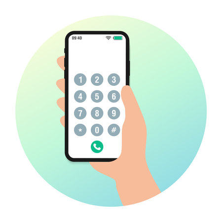 Hands with smartphone dialing. Mobile touch screen phone with numbers pad, cellphone dial connection cartoon vector illustrationのイラスト素材