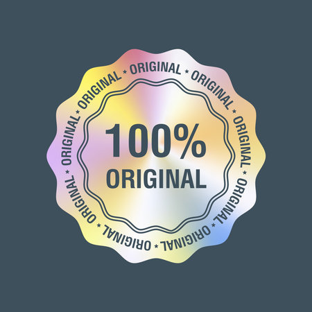 100 percent original round hologram realistic sticker. Vector element for product quality guaranteeのイラスト素材