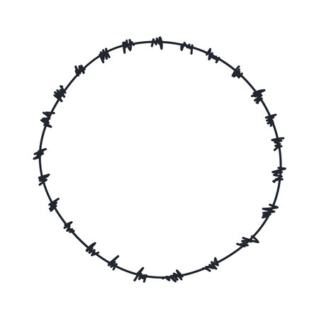 Barbed wire graphic sign. Frame circle from barbed wire. Symbol of no freedom. Vector hand drawn illustrationのイラスト素材
