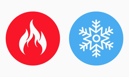 Hot and cold icon. Fire and snowflake sign. Heating and cooling button. Vector illustrationのイラスト素材