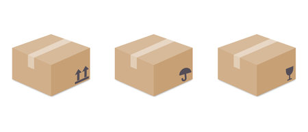 Realistic cardboard box mockup set from side, front and top view isolated on white background. Parcel packaging template. Packaging symbols. Vector illustrationのイラスト素材