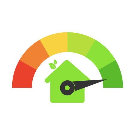 Vector icons of energy efficiency at home. Certificate of energy efficiency. Energy consumption estimation graph. Vector illustrationのイラスト素材