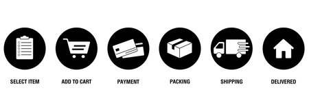 Concept of shopping process with 6 successive steps. Order parcel processing bar, ship, delivery signs for express courier delivery. Order delivery status, post parcel package tracking iconsのイラスト素材