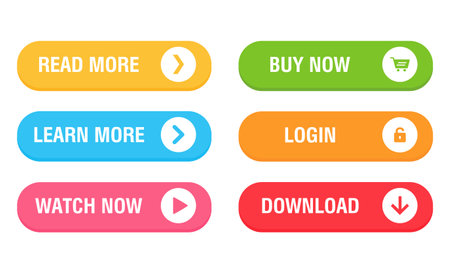 Set of vector modern trendy buttons. Trendy colors on white background. Read more, learn more, buy now, download, watch now, login colorful button setのイラスト素材