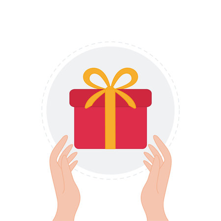 Human hand holding red gift box with yellow bow. Birthday symbol. Vector illustrationのイラスト素材