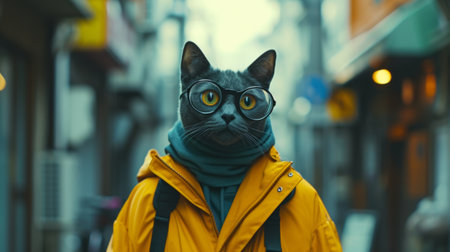 A black cat wearing glasses and a yellow jacket sits calmly on a white background, looking directly at the camera.の素材