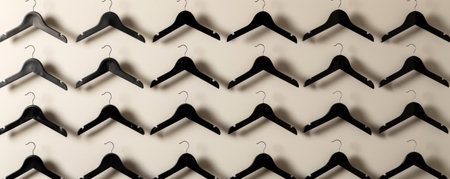 A collection of black clothes hangers hanging neatly on a white wall, creating a functional and organized storage solution for clothing items. The hangers are evenly spaced apart, providing a clean and minimalist aesthetic to the room.の素材