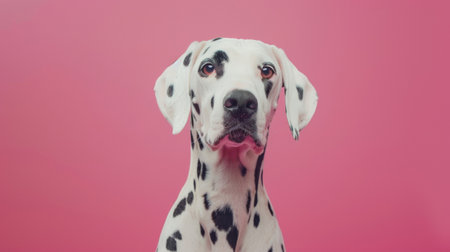 A Dalmatian dog stands on a vibrant pink background, its black spots distinct against the bright color. The dogs ears are perked up, and it looks alert and attentive.の素材