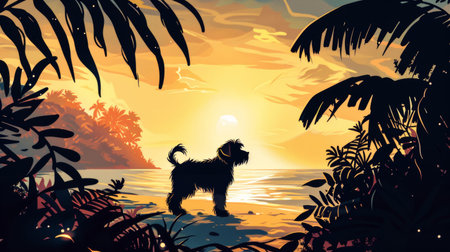 A painting depicting a dog happily playing on a sandy beach as the sun sets in the background. The dogs fur is illuminated by the warm colors of the sunset, and waves gently wash up on the shore.の素材