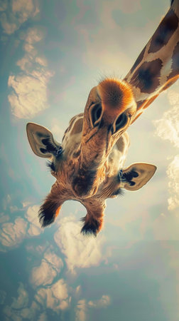A giraffe stands tall, looking directly at the camera, as fluffy clouds fill the sky in the background. The giraffes long neck and spotted coat are prominent in the frame.の素材