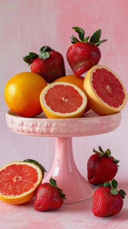 A pink cake plate holds a display of grapefruits, oranges, and sliced citrus fruits. The vibrant colors of the fruits pop against the pastel hue of the plate.の素材