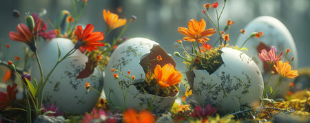 This picture shows a cluster of eggs with various flowers emerging from them. The eggs appear to be cracking open as the flowers push through, creating a unique and intriguing sight.の素材