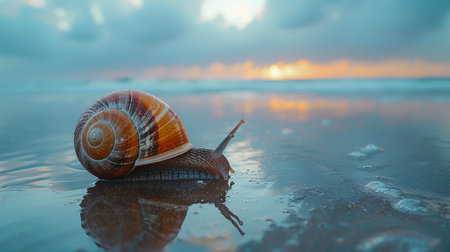 Snail crawling on a wet beach at sunsetの素材