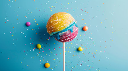 Lollipop with colorful sprinkles on a blue background.の素材