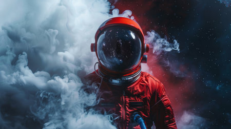 A man in a space suit is enveloped by swirling smoke in a mysterious and unsettling environment. The astronaut appears isolated and vulnerable as he navigates the dense haze around him.の素材