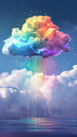 A rainbow-colored cloud drifts in the sky, its vibrant hues contrasting against the deep blue ocean below. The cloud appears to be suspended above the water, creating a striking visual spectacle in the atmosphere.の素材