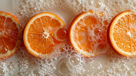 Orange slices in milky liquid.の素材