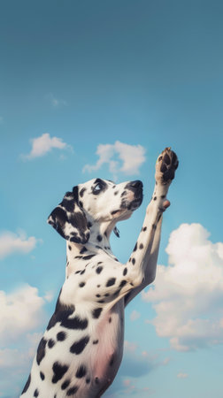 Dalmatian Dog Raising Paw Against a Blue Sky Background.の素材