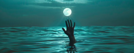 A hand emerges from the water, reaching towards the full moon in the night sky. The scene captures a mystical moment of connection between nature and the lunar sphere.の素材