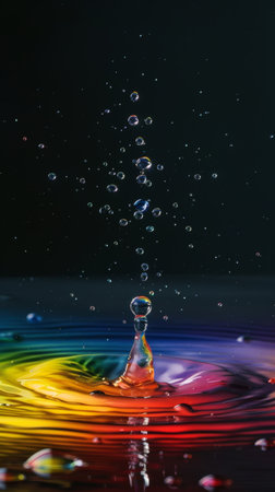 A single drop of water is shown in motion as it falls into a body of water, creating ripples on the surface. The impact of the drop is visible in the form of concentric circles spreading outwards.の素材