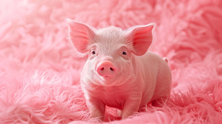 A small, pink pig comfortably seated on a soft pink blanket in a cozy setting, looking adorable and content.の素材