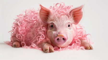 Pink Pig With Curly Hair on White Background.の素材