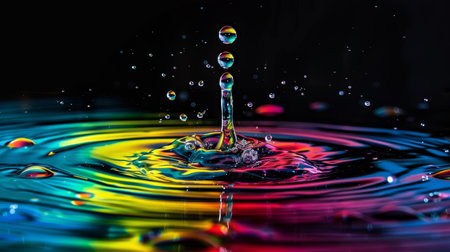 A vibrant water drop in various colors is suspended against a stark black background. The drop glistens with hues of blue, green, red, and yellow, creating a mesmerizing visual contrast.の素材