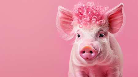 Pink Pig With Curly Hair on Pink Background.の素材