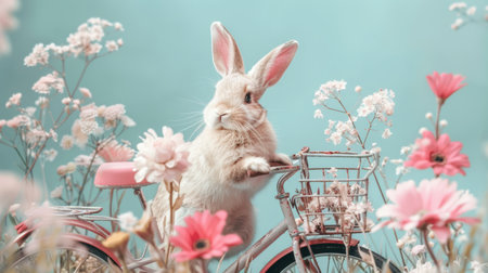 A rabbit perched comfortably on a bicycle in a vibrant field of colorful flowers, surrounded by the beauty of nature. The fluffy creature seems to be enjoying the moment, adding an unexpected and whimsical touch to the scene.の素材