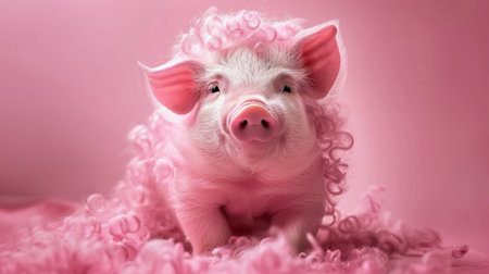 A pink pig with curly hair stands out against a pink background. The pigs unique appearance and the vibrant pink setting create a visually striking contrast.の素材