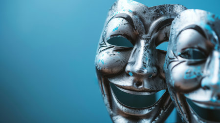 Masks With Faces on a Blue Background.の素材