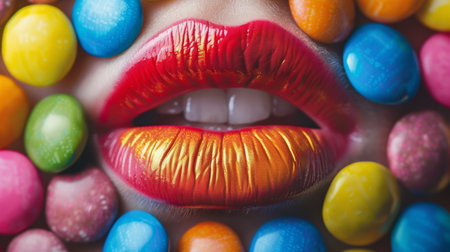 A close-up reveals a persons lips painted to resemble the glossy finish of hard candy, amidst a vibrant array of colorful candy pieces. The aesthetic composition emphasizes sensuality and indulgence, capturing a moment of playful and creative expression.の素材