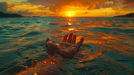 Hand Reaching Out to the Sunset in the Ocean.の素材