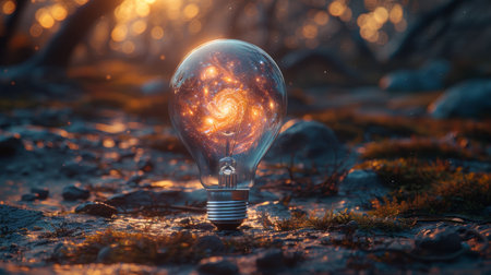 A light bulb shining brightly with a star-shaped filament glowing inside. The star adds a unique and captivating touch to this common household object, creating a whimsical and creative visual display.Light Bulb with Galaxy Inside on Forest Ground.の素材