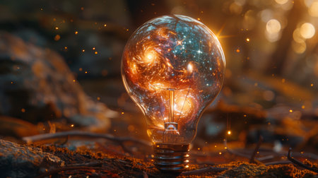 Light Bulb with Galaxy Inside on Forest Ground.の素材