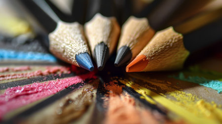 A detailed close-up shot showing a variety of colored pencils clustered together. The pencils are vibrant and neatly arranged, displaying different shades and lengths.の素材