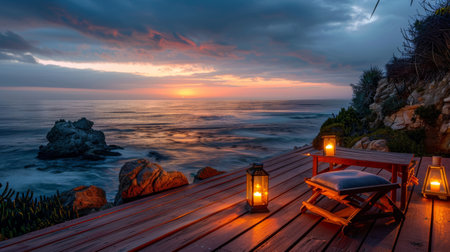 A deck featuring two wooden chairs placed opposite each other, each with a lantern on it. The setting suggests a cozy outdoor seating area for two people.の素材