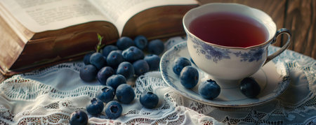 A cup of tea with a book and blueberries.の素材
