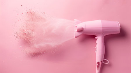 Hair dryer with powder burst on pink background.の素材