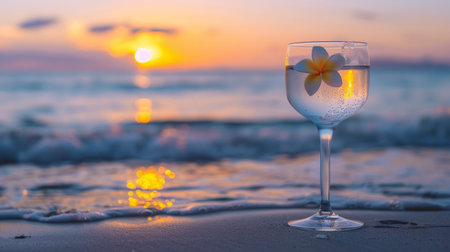 Cocktail glass with flower on sandy beach.の素材