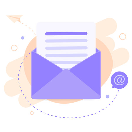 Open envelope with a document. New letter. Email marketing. Mail flat icon. Vector stock illustrationのイラスト素材