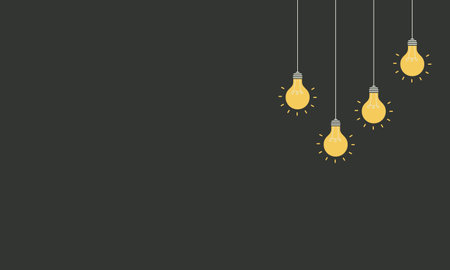 Set of hanging light bulbs. Trendy flat vector light bulb icons with concept of idea on black backgroundのイラスト素材