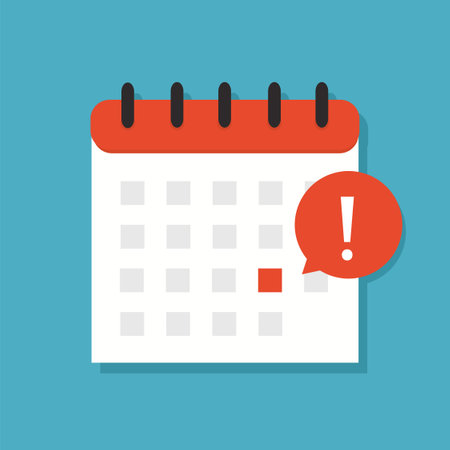 Calendar icon with exclamation mark. Appointment, schedule, important date. Deadline on a calendar, event notification. Vector illustrationのイラスト素材