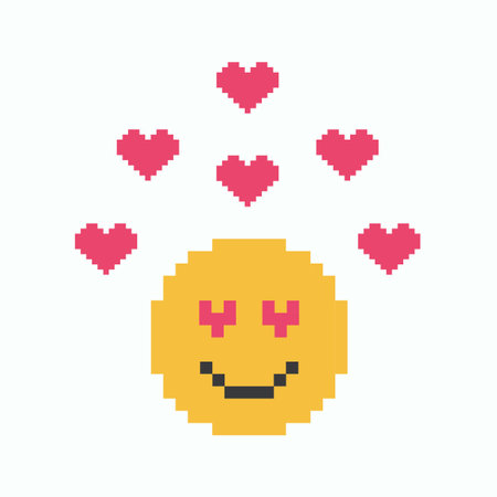 Pixel art emoticon in love with hearts. Vector illustration