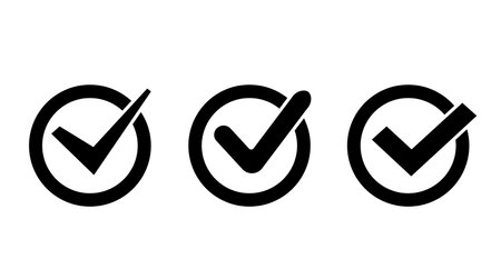 Three black vector check mark icons in circles and squares. Check mark icons. Collection black check marks.のイラスト素材