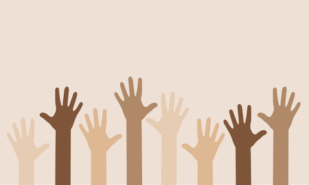Hands raised up. People of different nationalities. Vector banner raised his hand. Harmony of multicultures. Peace Sign Equality. Vector Illustration.のイラスト素材