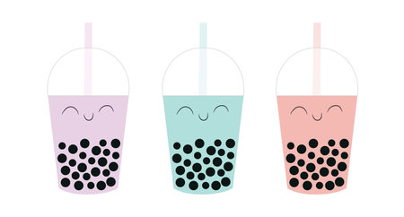 Three colorful bubble tea cups isolated on white backgroundのイラスト素材