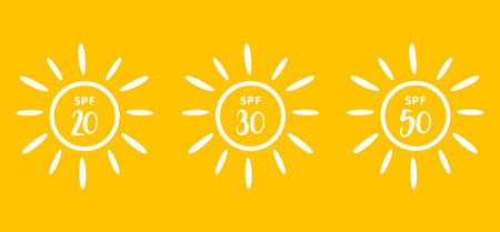 Set of hand drawn badges. Sun protection concept. Spf 20, 30, 50. Vector illustrations on white...